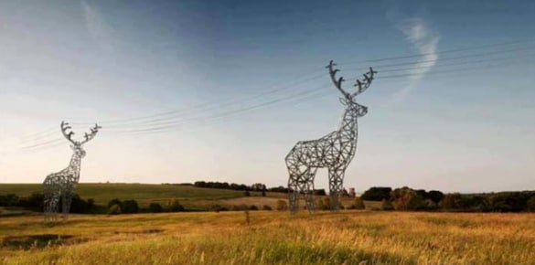 high tension power line towers shaped like reindeer