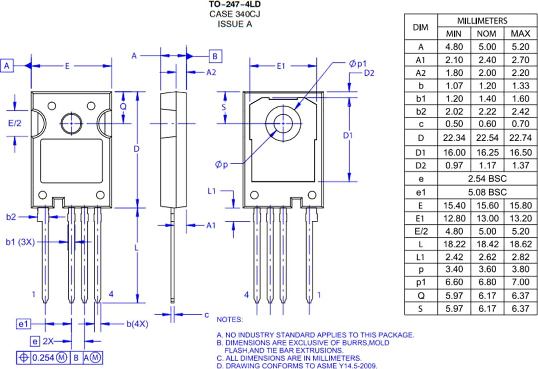 Mechanical Drawing - onsemi NTH4L028N170M1 1700V EliteSiC MOSFET